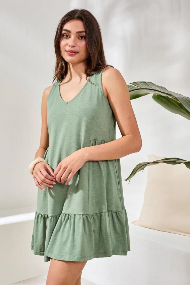 Tribal Soft Slub Knit Sleeveless V - Neck Tiered Dress | Moss - Juli's Wearable Art