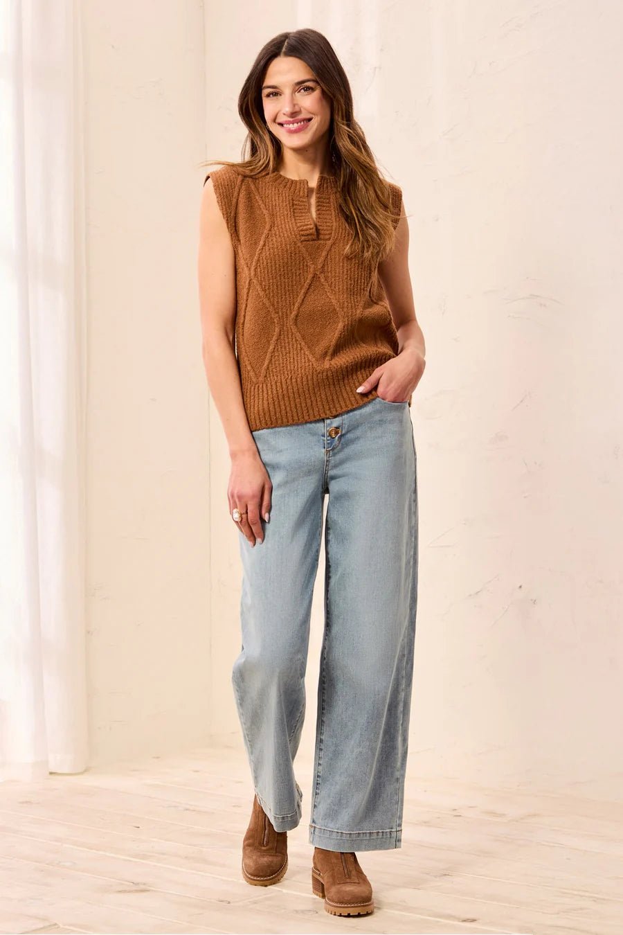 Tribal Soft Split Crew Neck Sleeveless Sweater | Hazelwood - Juli's Wearable Art