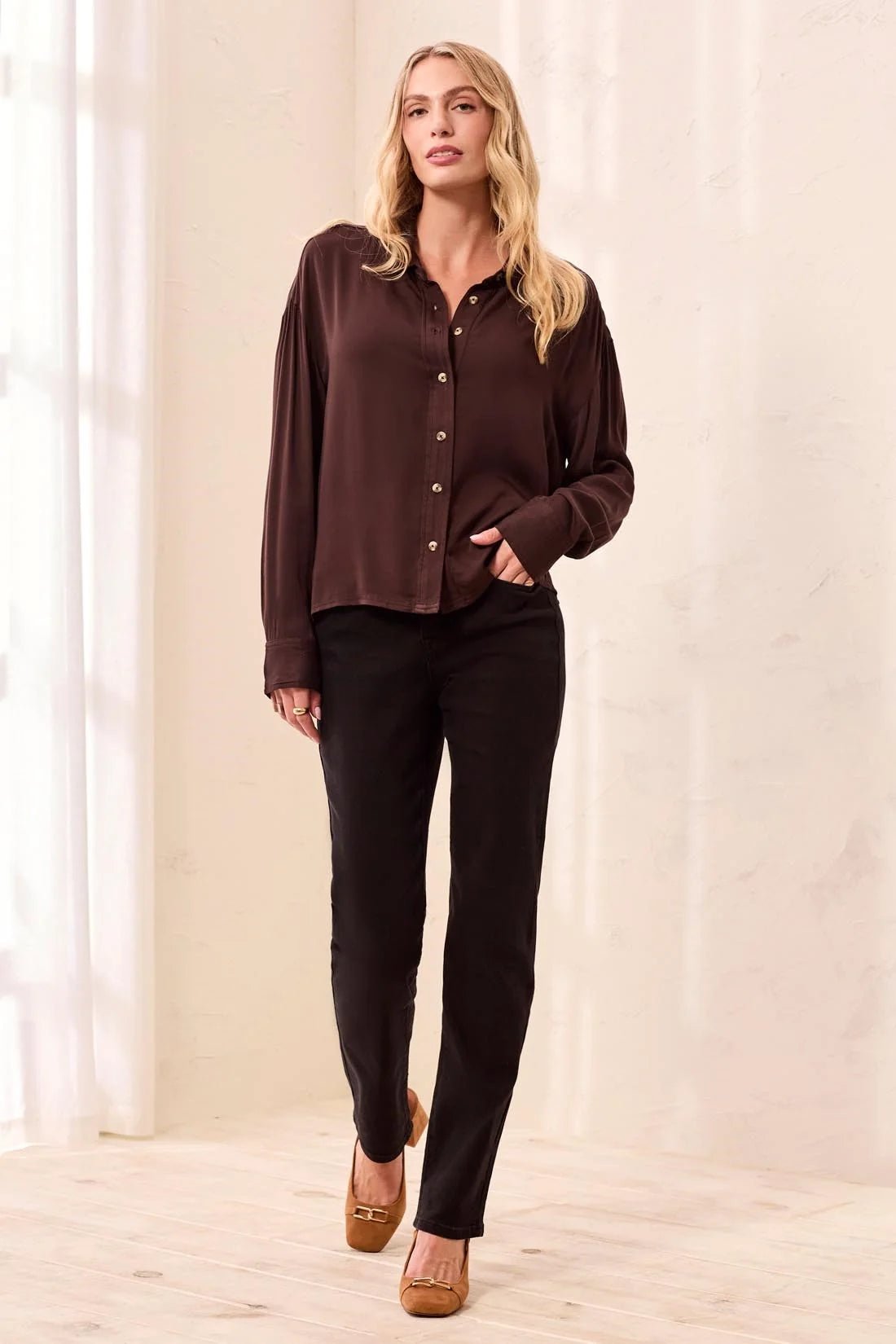 Tribal Soft Viscose Drop Shoulder Button Front Collared Blouse | Hickory - Juli's Wearable Art