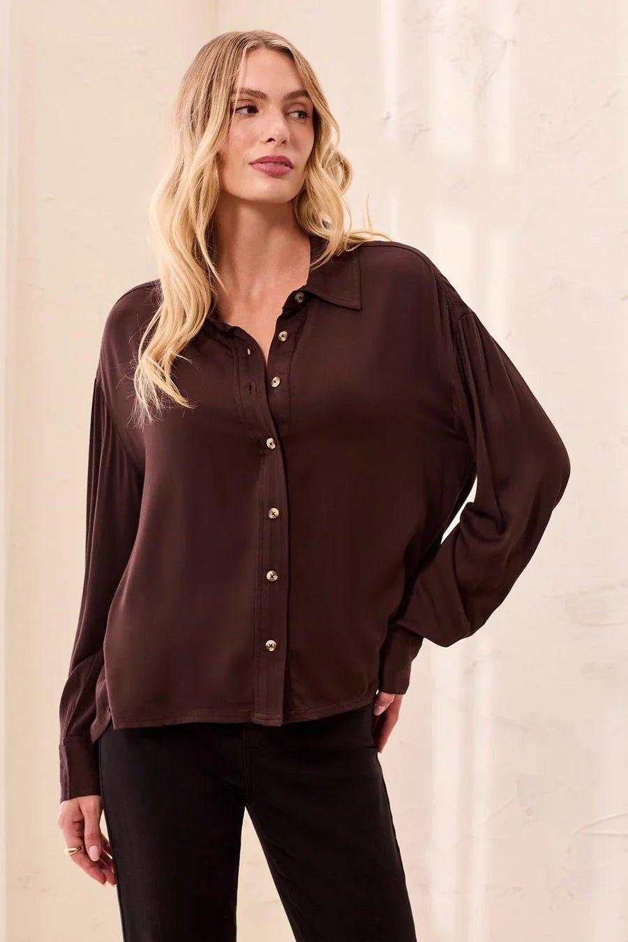 Tribal Soft Viscose Drop Shoulder Button Front Collared Blouse | Hickory - Juli's Wearable Art