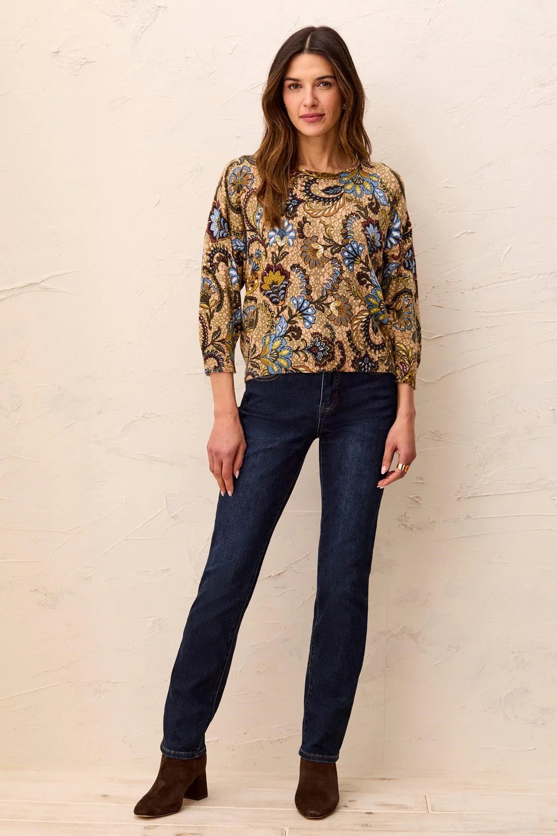 Tribal Soft Yarn Three-Quarter Sleeve Crewneck Sweater | Aloe - Juli's Wearable Art