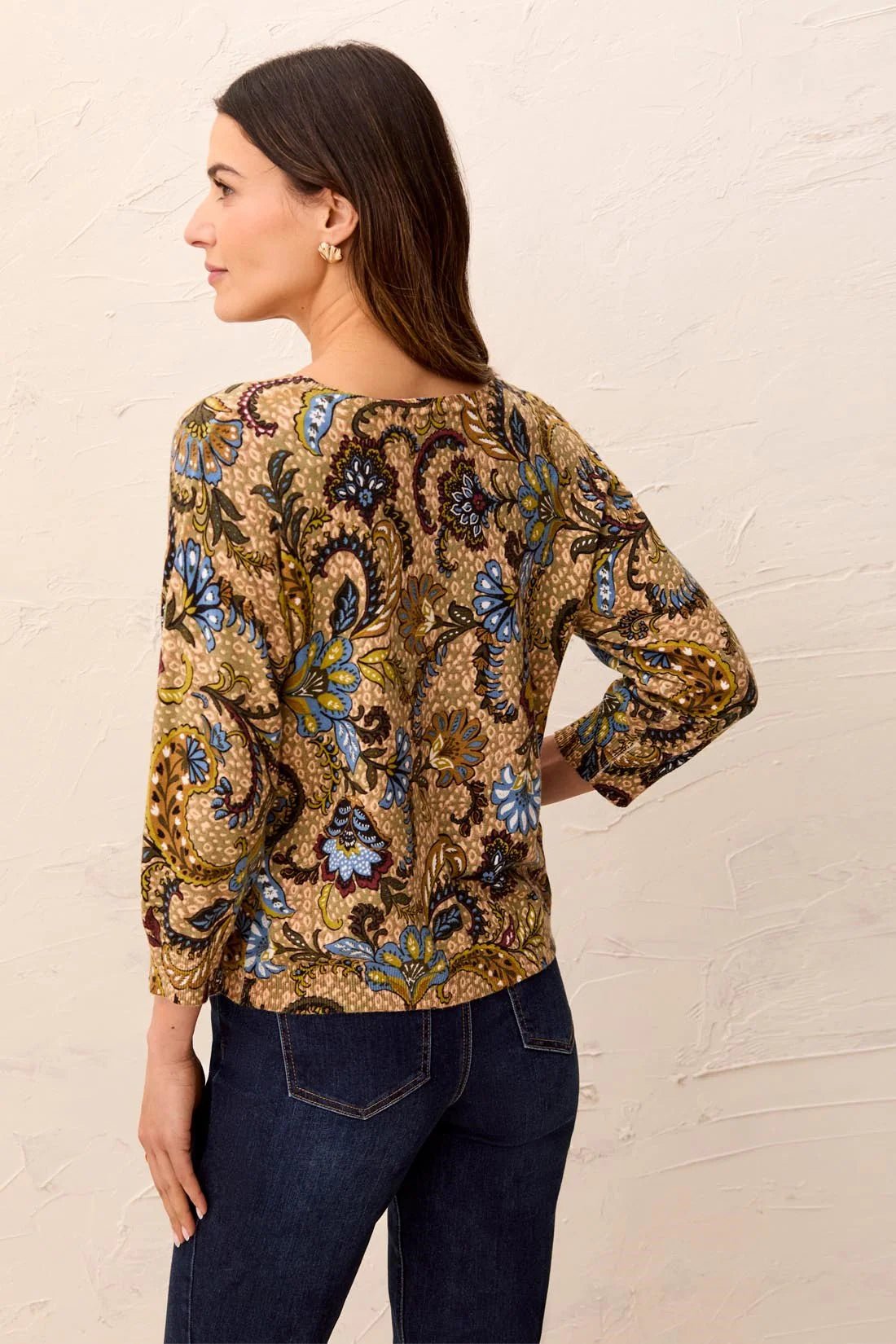 Tribal Soft Yarn Three-Quarter Sleeve Crewneck Sweater | Aloe - Juli's Wearable Art