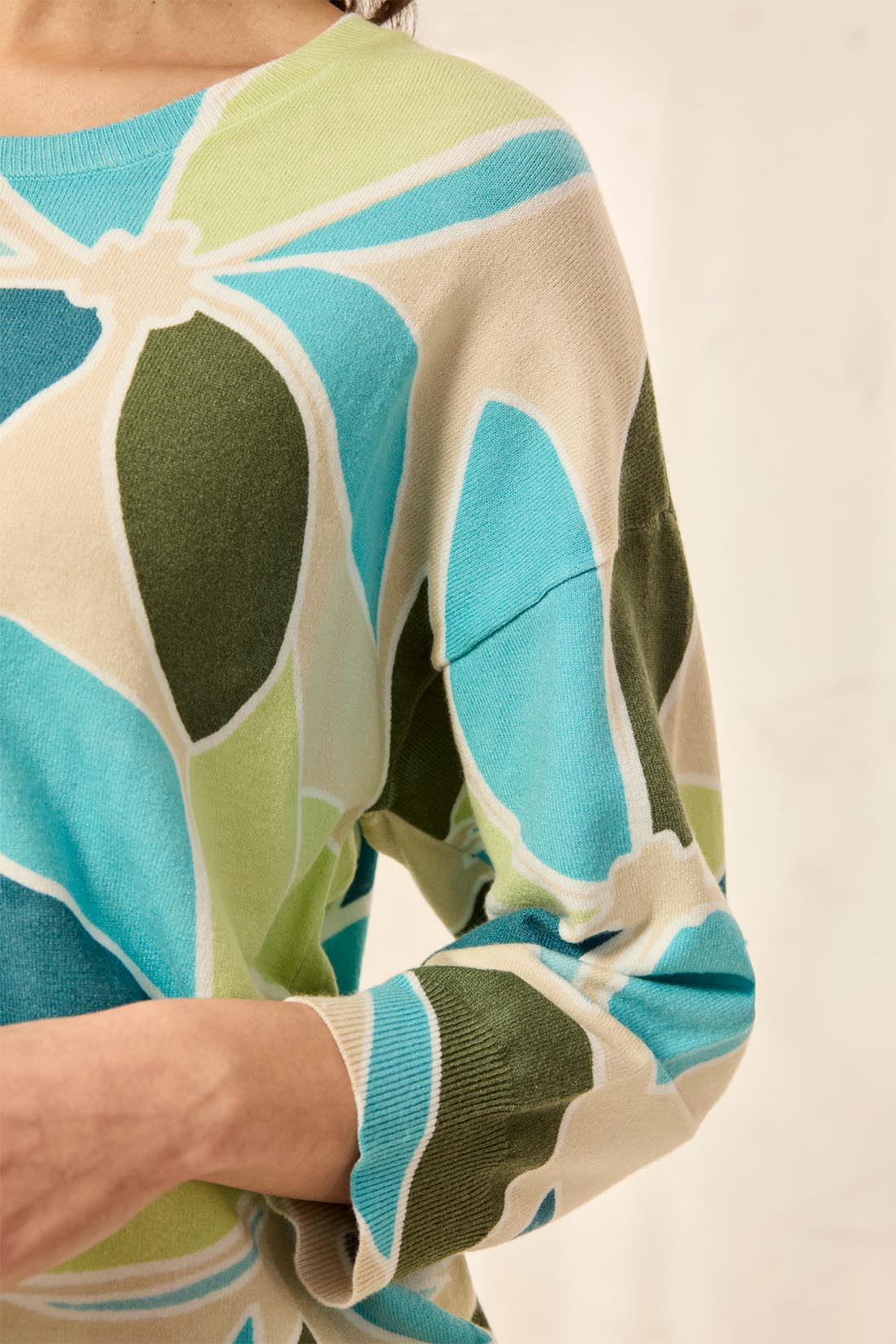 Tribal Soft Yarn Three - Quarter Sleeve Crewneck Sweater | Aqua Sky - Juli's Wearable Art