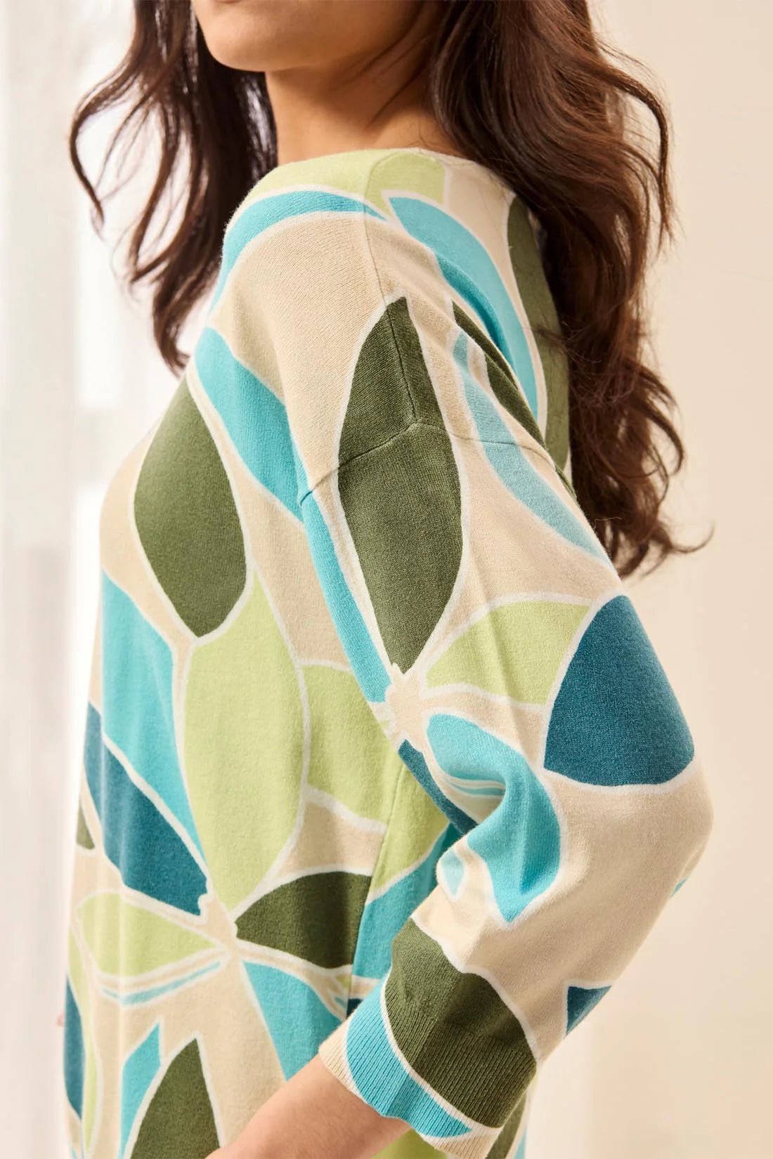 Tribal Soft Yarn Three - Quarter Sleeve Crewneck Sweater | Aqua Sky - Juli's Wearable Art