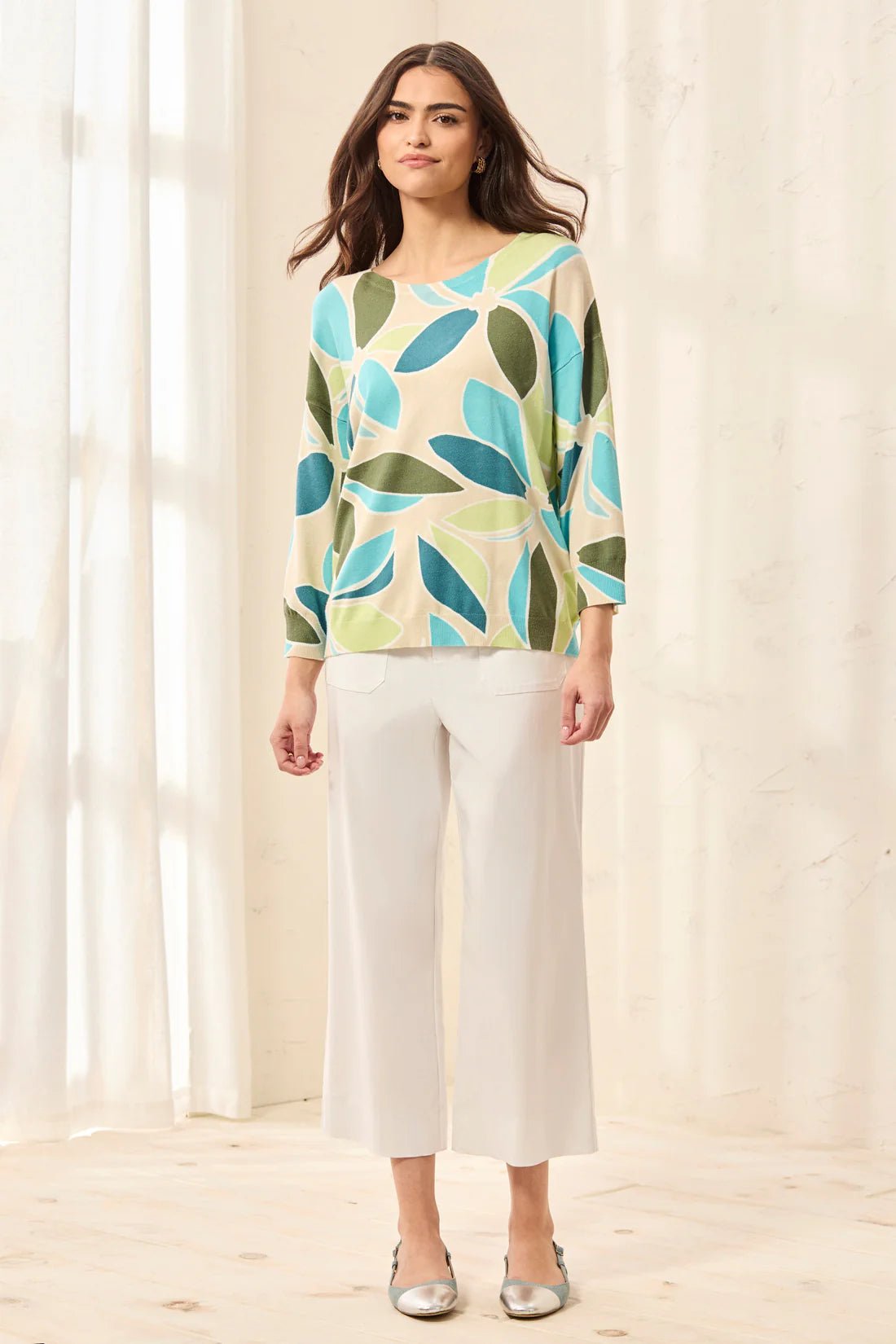 Tribal Soft Yarn Three - Quarter Sleeve Crewneck Sweater | Aqua Sky - Juli's Wearable Art