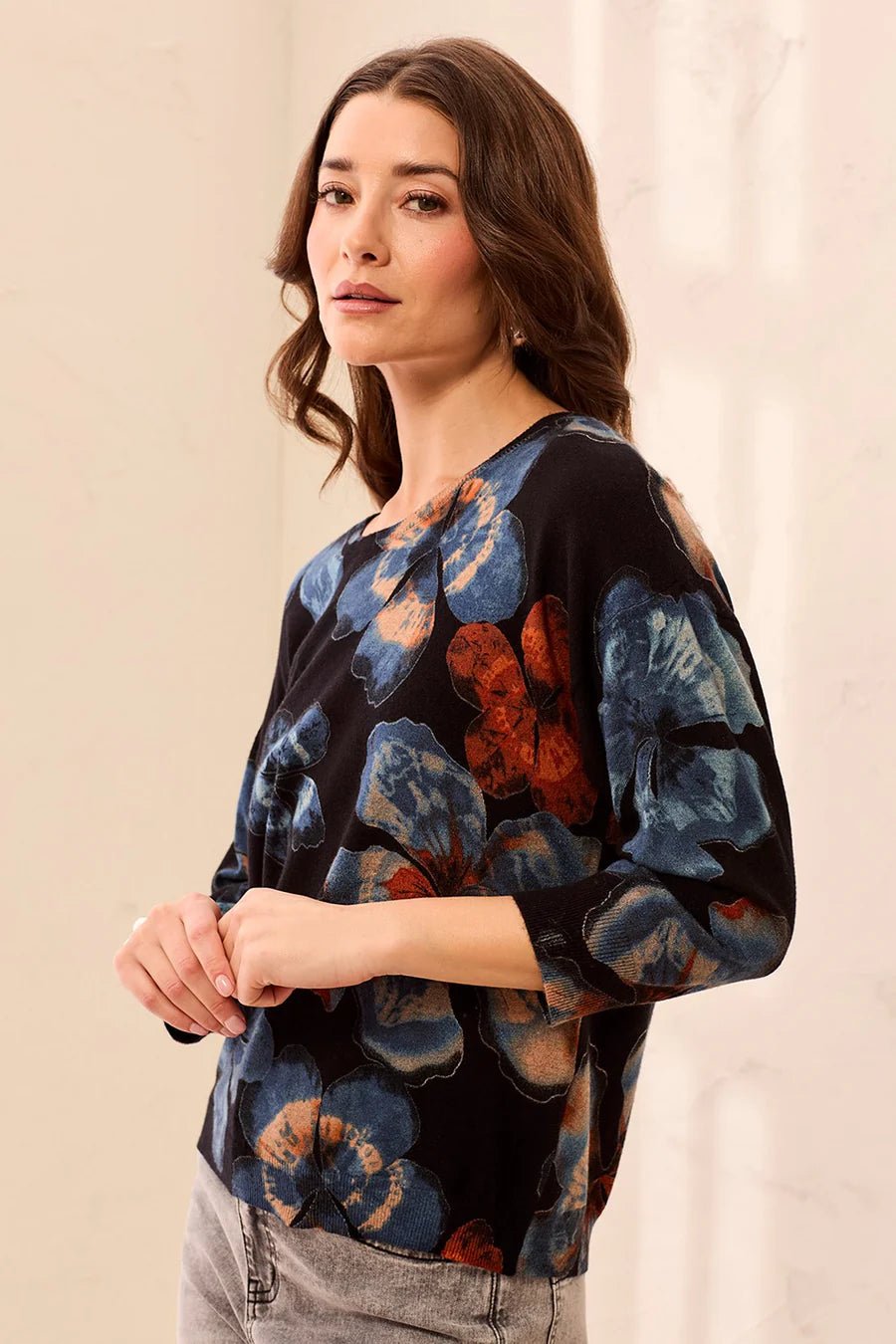 Tribal Soft Yarn Three-Quarter Sleeve Crewneck Sweater | Maple - Juli's Wearable Art