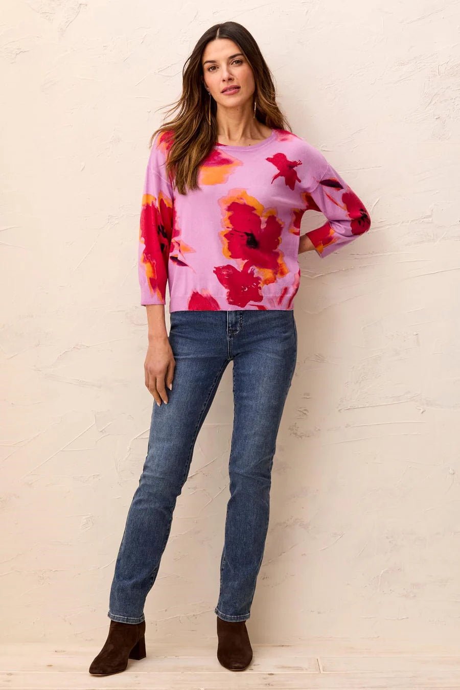 Tribal Soft Yarn Three-Quarter Sleeve Crewneck Sweater | Pansy