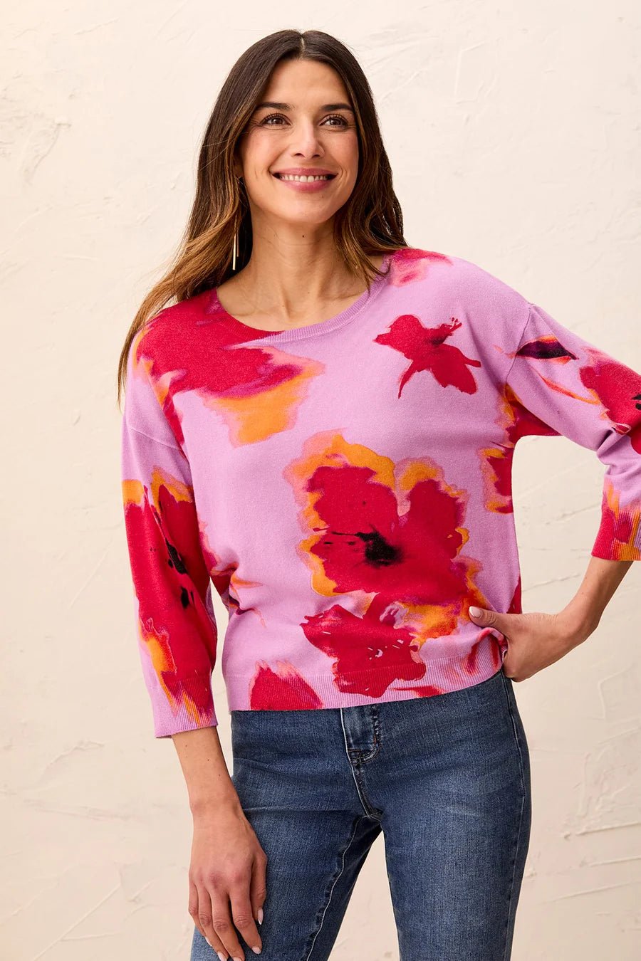 Tribal Soft Yarn Three-Quarter Sleeve Crewneck Sweater | Pansy
