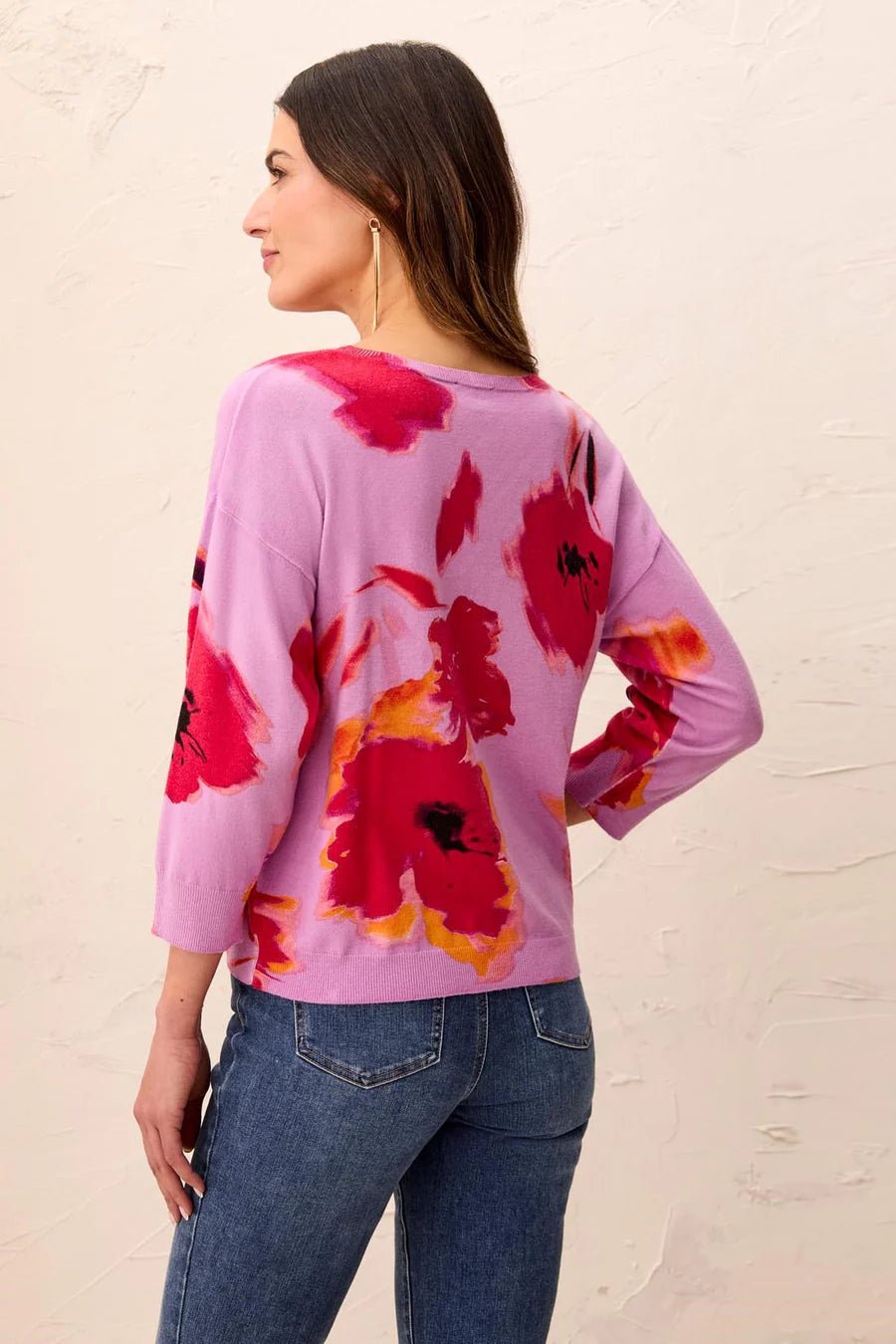 Tribal Soft Yarn Three-Quarter Sleeve Crewneck Sweater | Pansy - Juli's Wearable Art