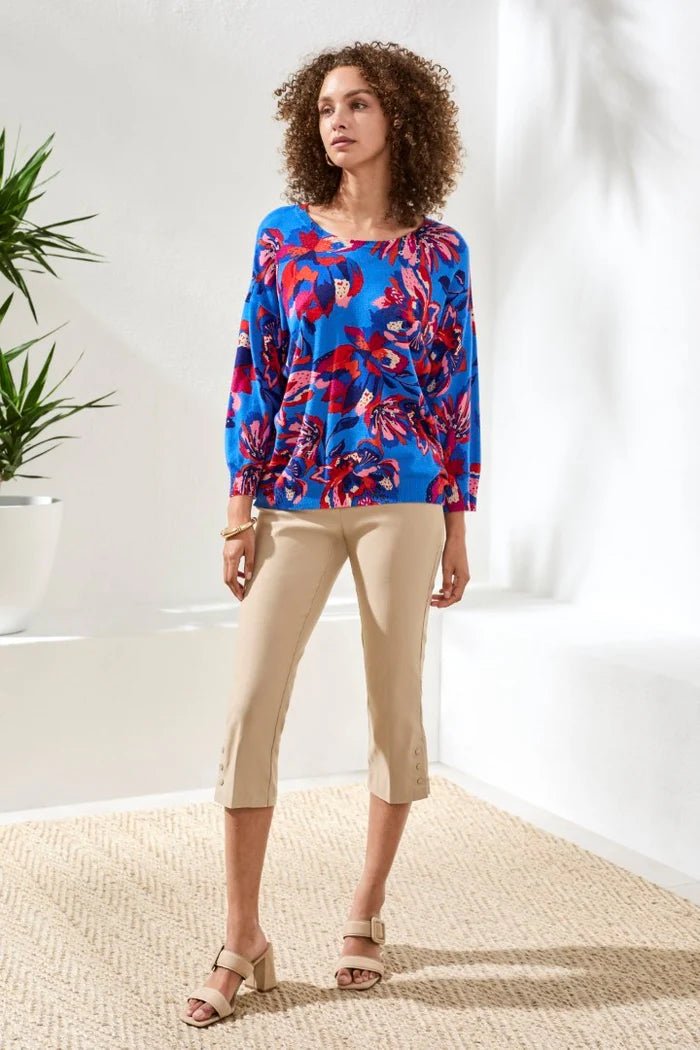 Tribal Soft Yarn Three-Quarter Sleeve Crewneck Sweater | Turkish Sea