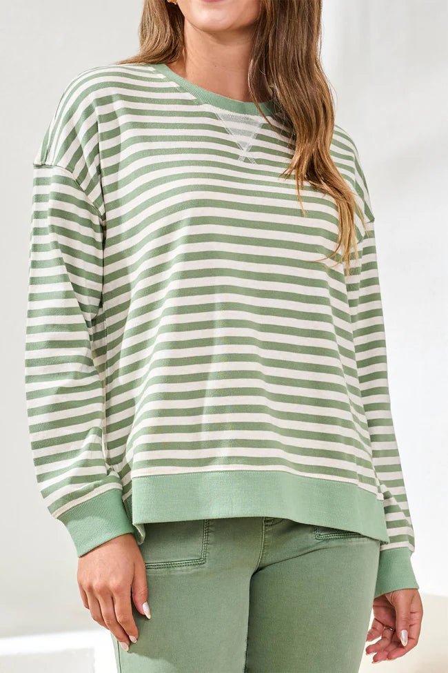 Tribal Striped French Terry Crew Neck Top with Combo Trim - Juli's Wearable Art