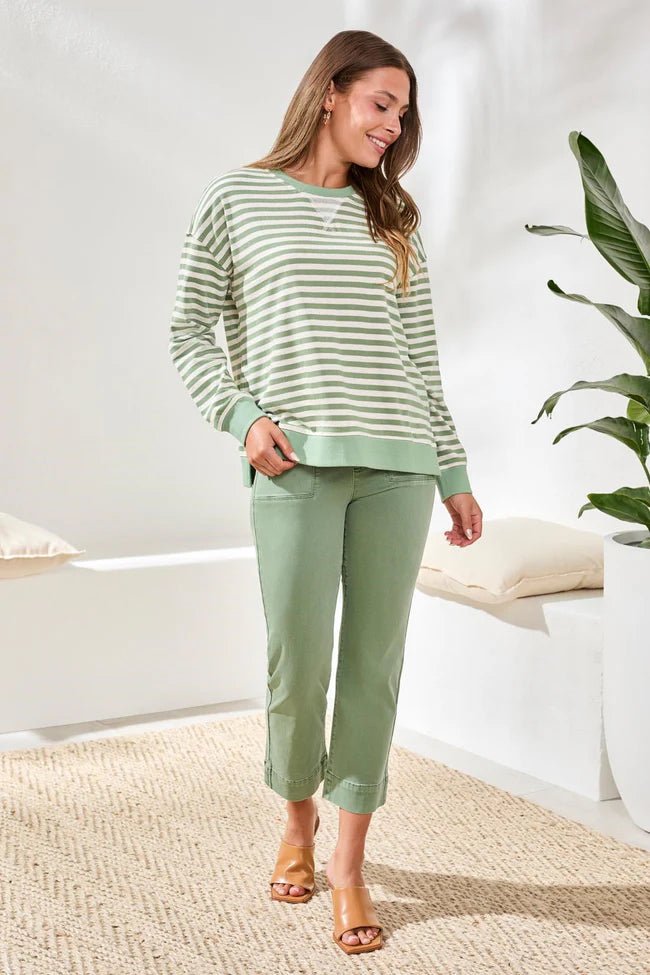 Tribal Striped French Terry Crew Neck Top with Combo Trim - Juli's Wearable Art