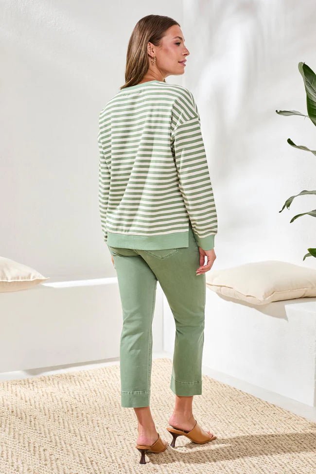 Tribal Striped French Terry Crew Neck Top with Combo Trim - Juli's Wearable Art