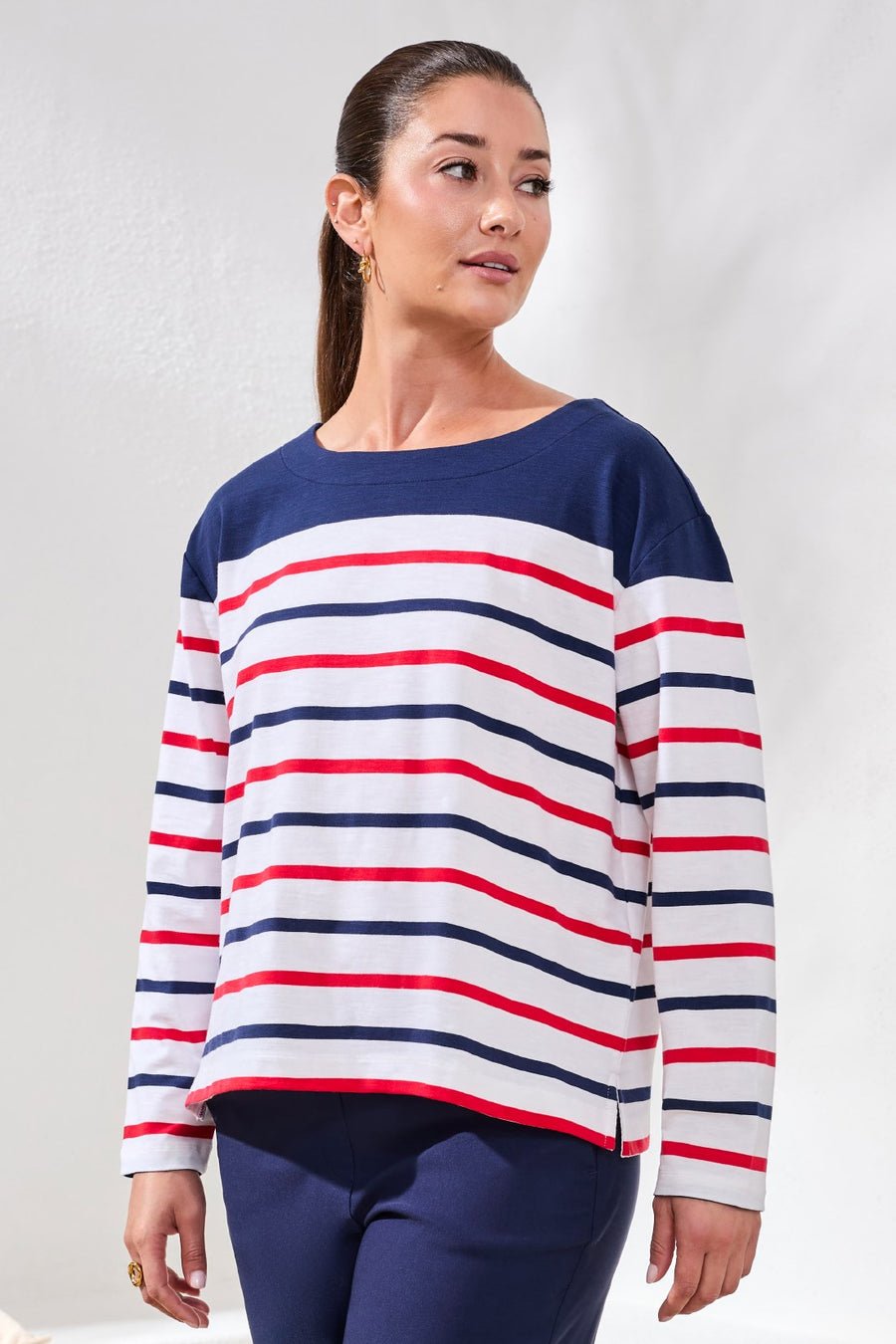 Tribal Striped Yarn Dye Slub Knit Boat Neck Top