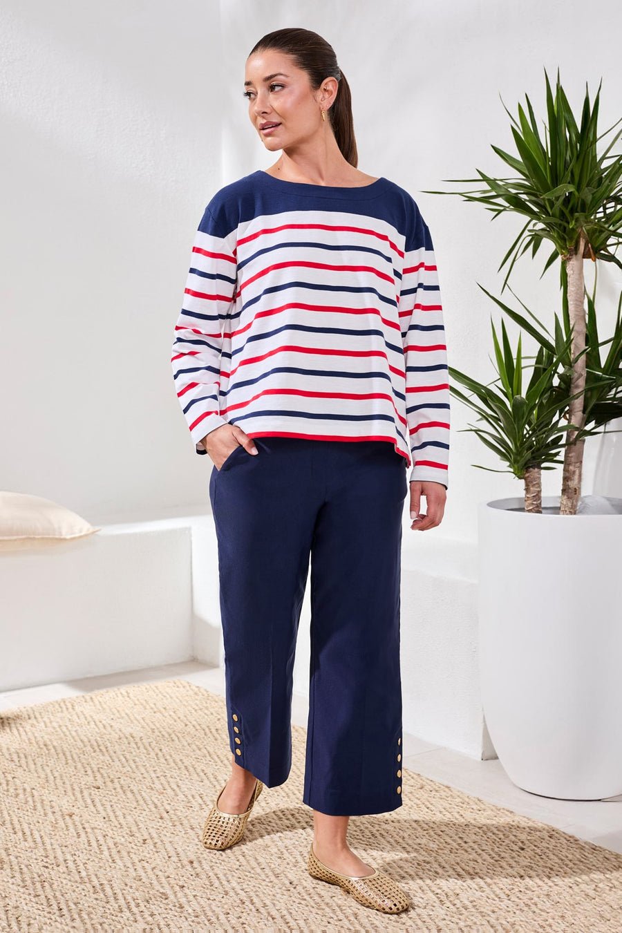 Tribal Striped Yarn Dye Slub Knit Boat Neck Top - Juli's Wearable Art