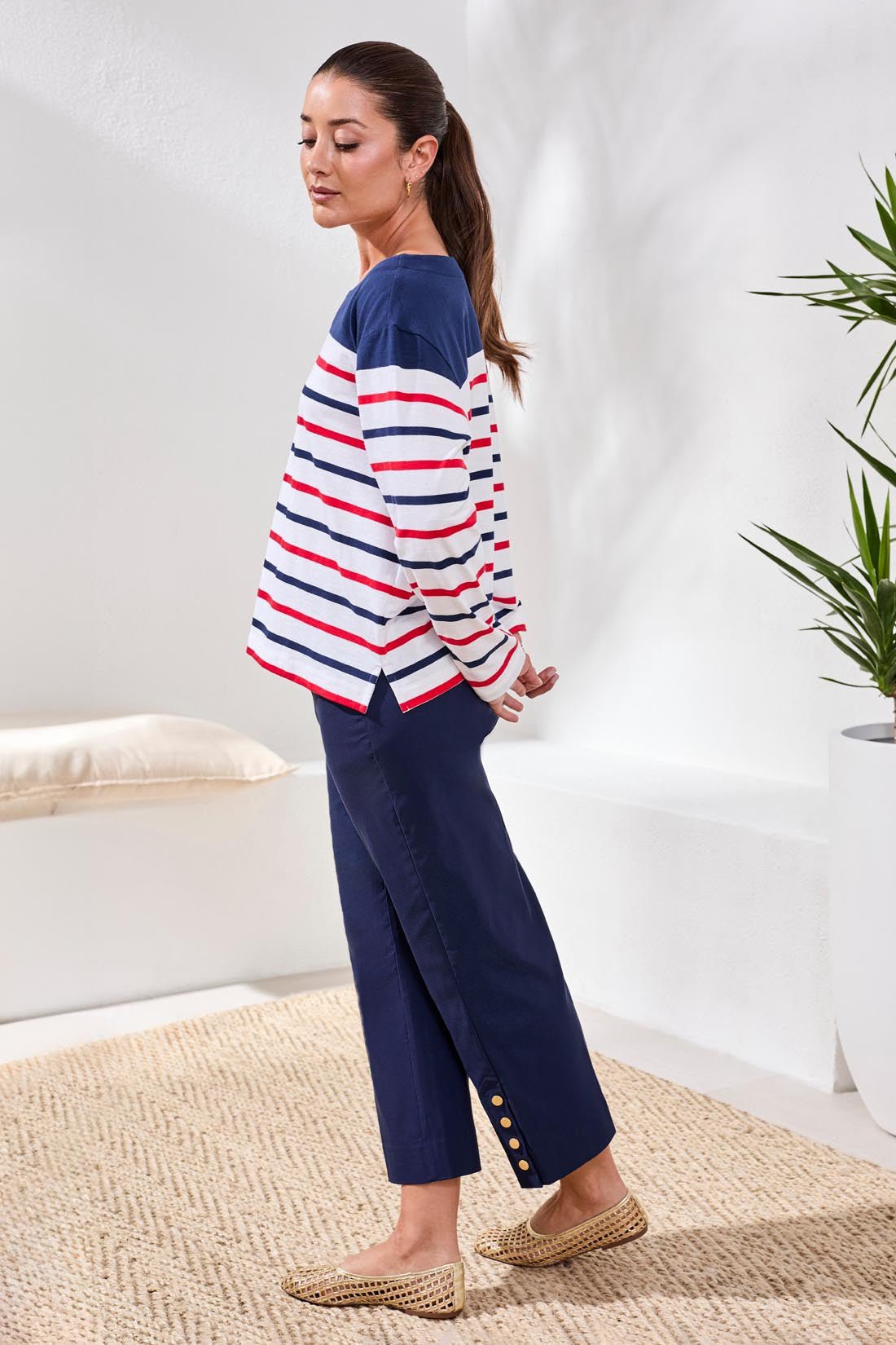 Tribal Striped Yarn Dye Slub Knit Boat Neck Top - Juli's Wearable Art