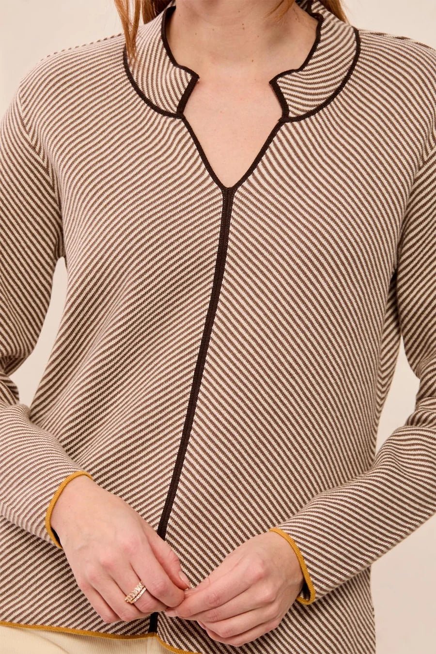 Tribal Textured Diagonal Stripe Split Neck Sweater | Oatmeal