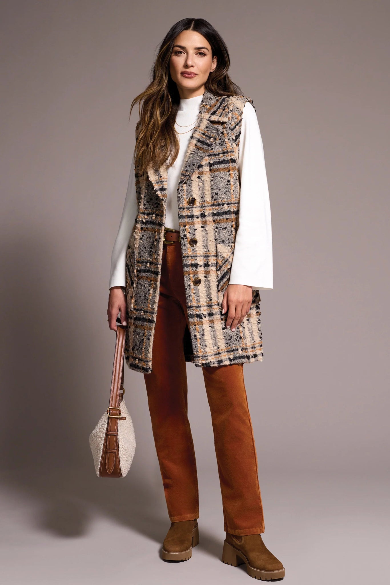 Tribal Textured Plaid Wide Notch Collar Long Vest - Juli's Wearable Art
