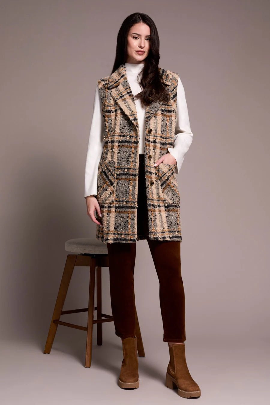 Tribal Textured Plaid Wide Notch Collar Long Vest - Juli's Wearable Art