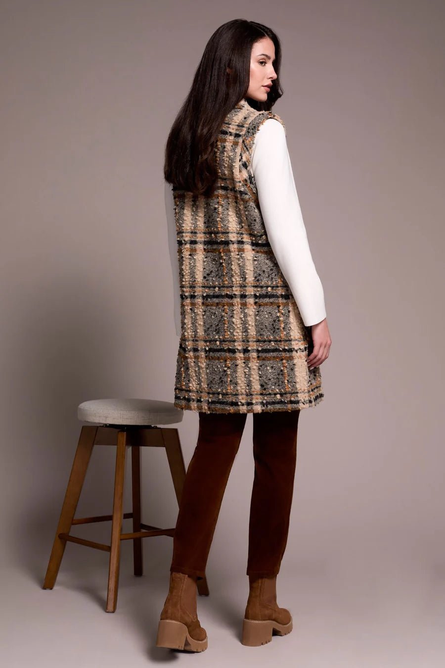 Tribal Textured Plaid Wide Notch Collar Long Vest - Juli's Wearable Art