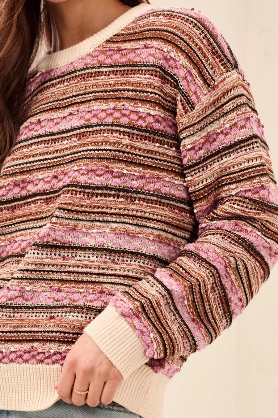 Tribal Textured Yarn-Dye Stripe Crew Neck Sweater | Nostalgia - Juli's Wearable Art