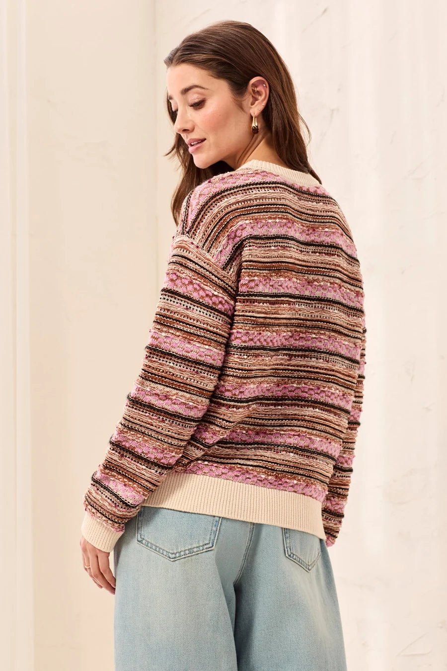 Tribal Textured Yarn-Dye Stripe Crew Neck Sweater | Nostalgia - Juli's Wearable Art