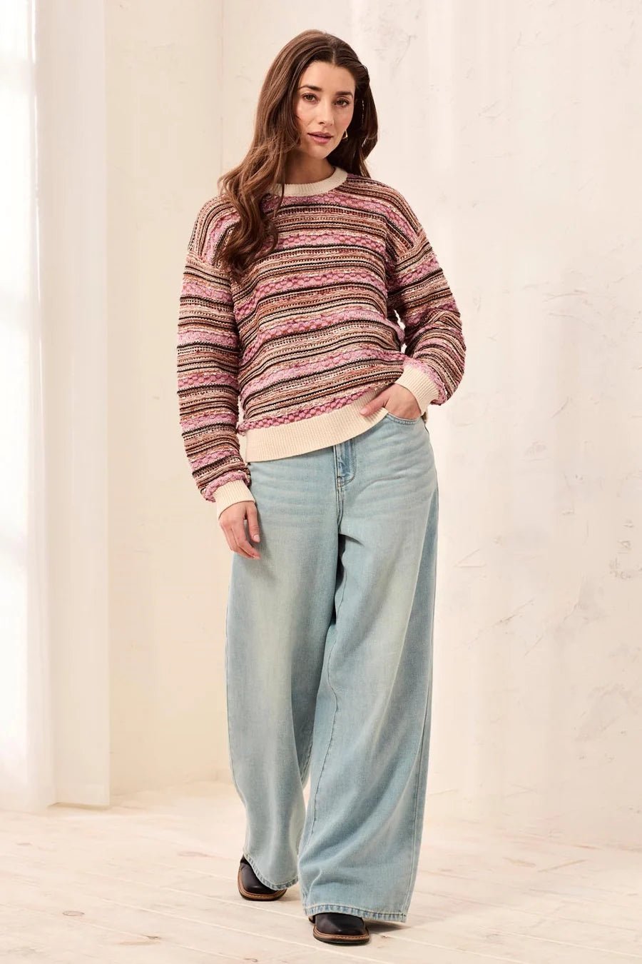Tribal Textured Yarn-Dye Stripe Crew Neck Sweater | Nostalgia - Juli's Wearable Art