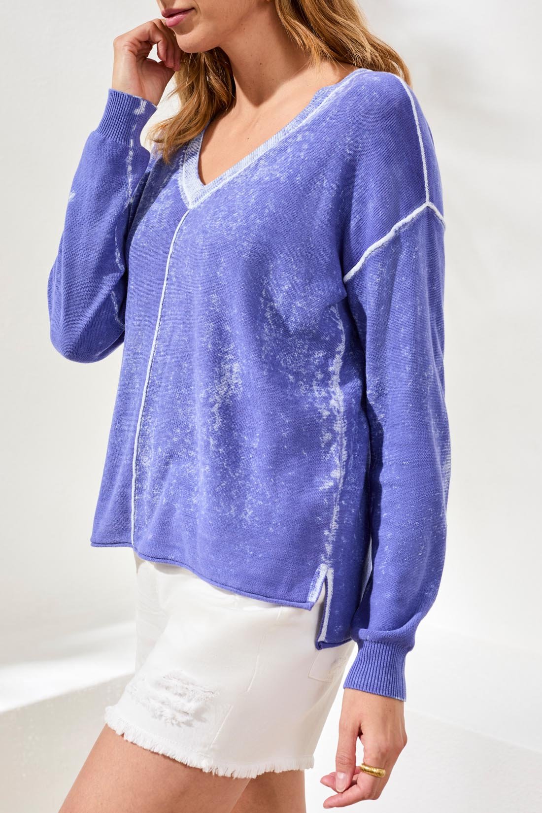 Tribal Tribal Lightweight Cotton V - Neck Sweater | Baja Blue - Juli's Wearable Art