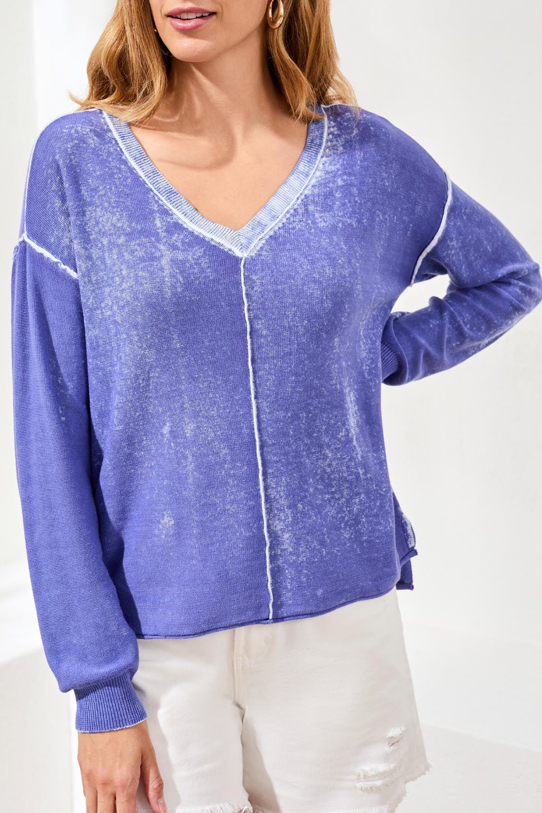Tribal Tribal Lightweight Cotton V - Neck Sweater | Baja Blue - Juli's Wearable Art