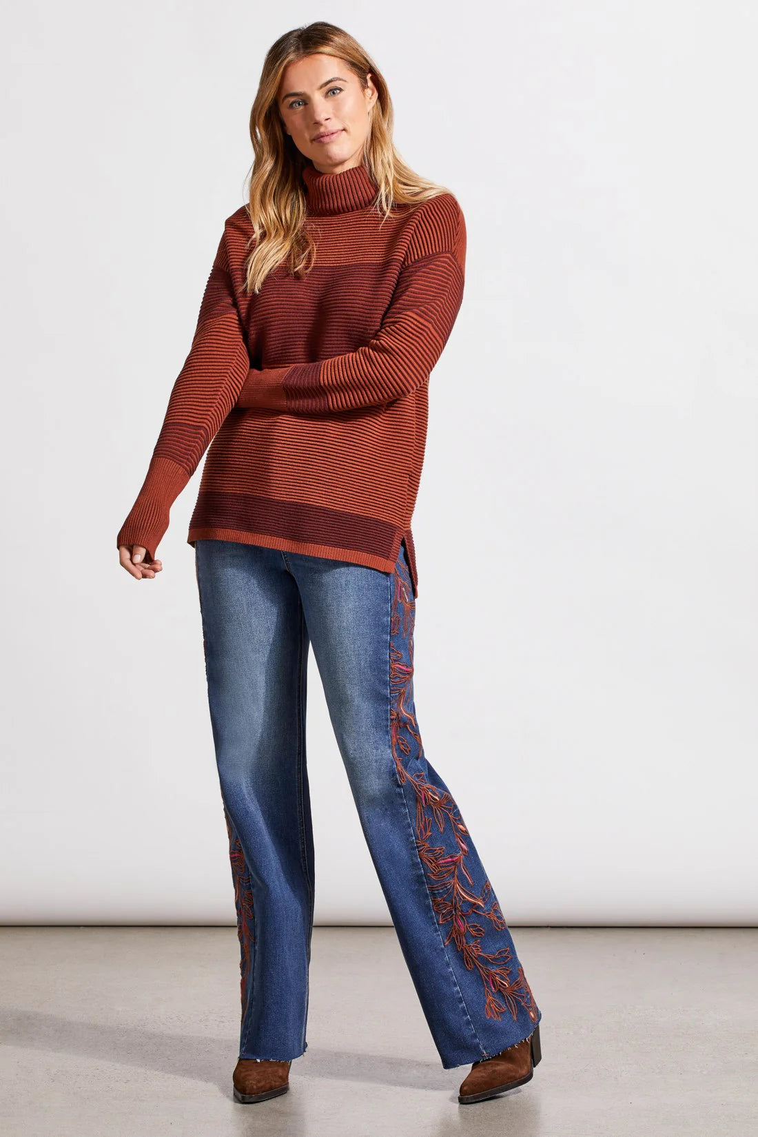 Tribal Two-Tone Ottoman Turtleneck Tunic Sweater