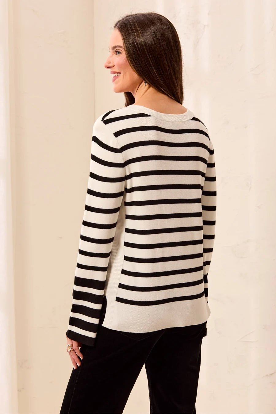 Tribal Two-Tone Stripe Crew Neck Bell Sleeve Sweater - Juli's Wearable Art