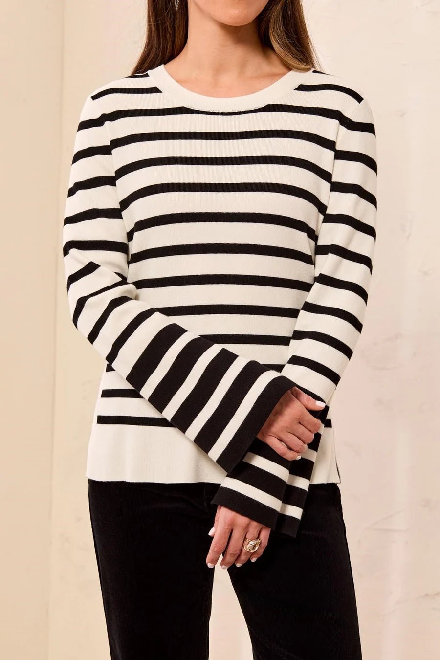 Tribal Two-Tone Stripe Crew Neck Bell Sleeve Sweater - Juli's Wearable Art