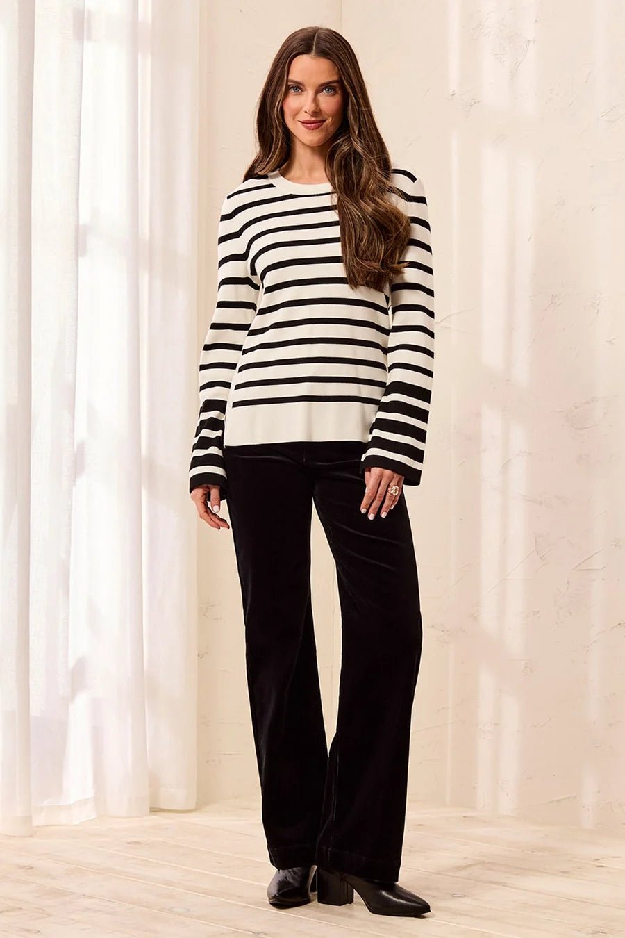 Tribal Two-Tone Stripe Crew Neck Bell Sleeve Sweater
