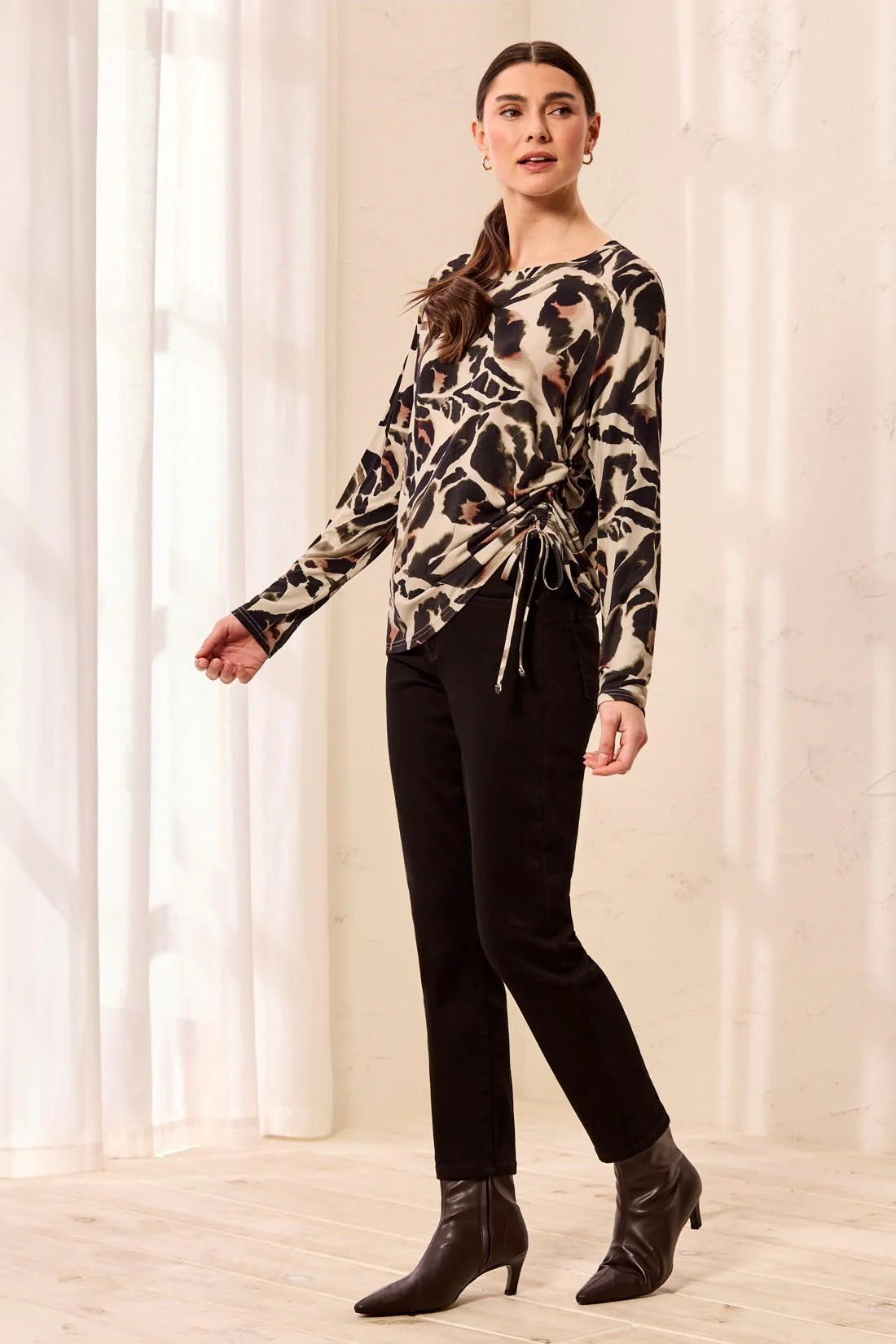 Tribal Ultra-Soft Long Sleeve Crew Neck Knit Top with Side Ruching | Dry Sand