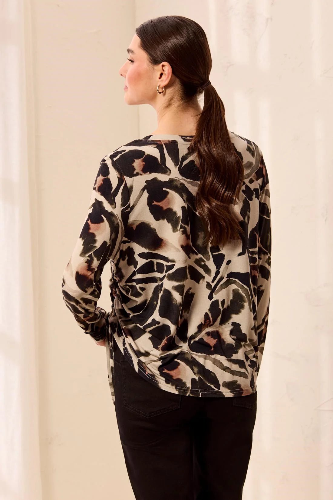 Tribal Ultra-Soft Long Sleeve Crew Neck Knit Top with Side Ruching | Dry Sand - Juli's Wearable Art