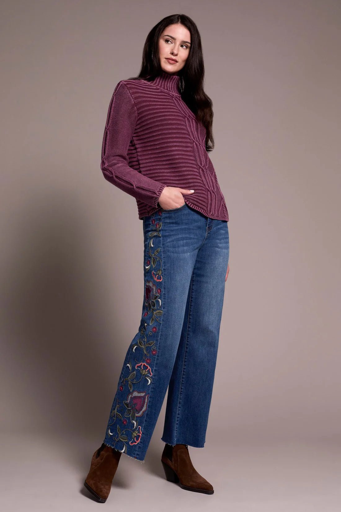 Tribal Vintage Washed Cable Knit Mock Neck Sweater - Juli's Wearable Art