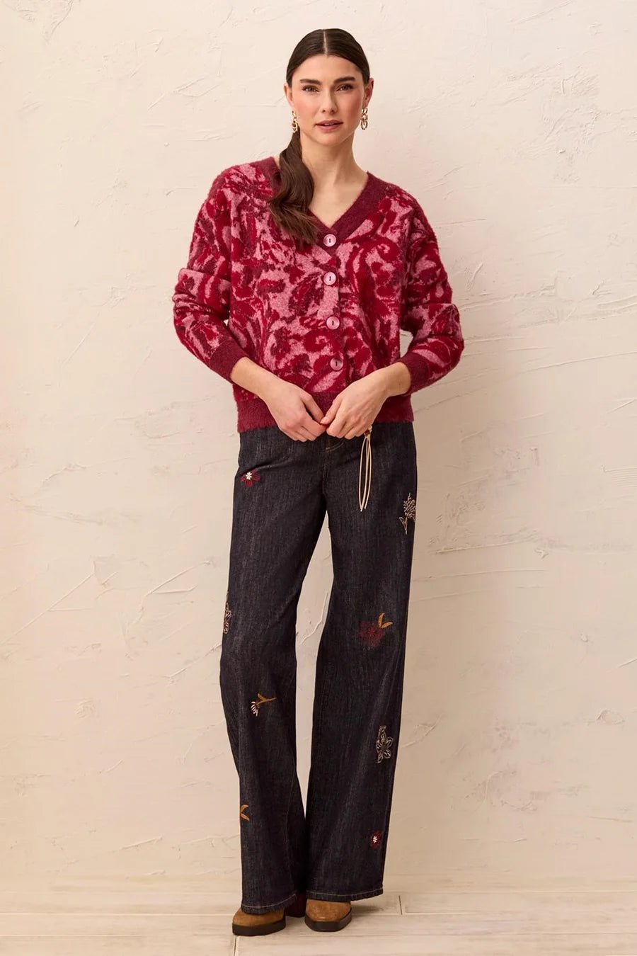 Tribal Wear Two Ways Textured V-Neck Button Sweater | Pink Frost - Juli's Wearable Art