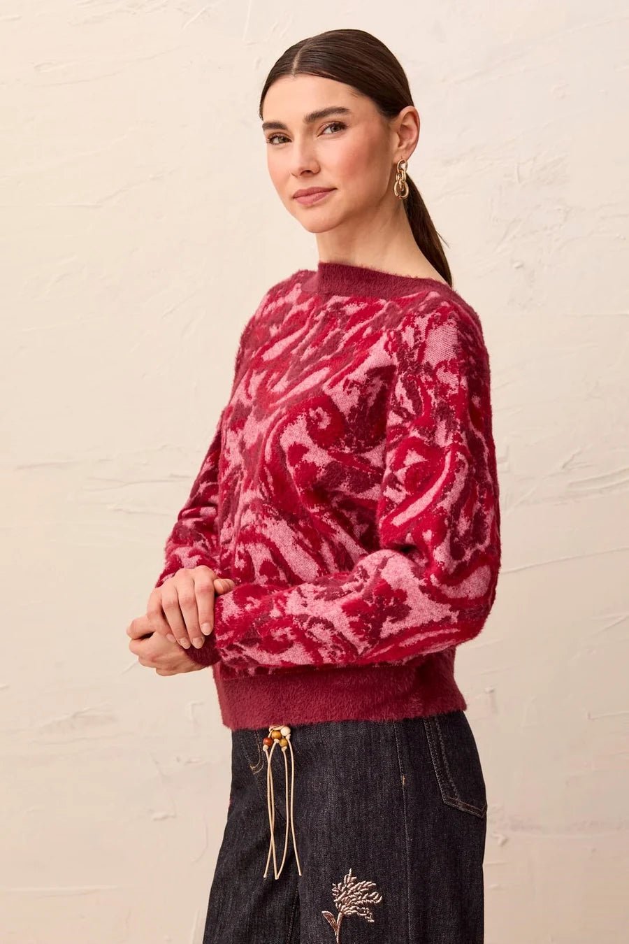Tribal Wear Two Ways Textured V-Neck Button Sweater | Pink Frost