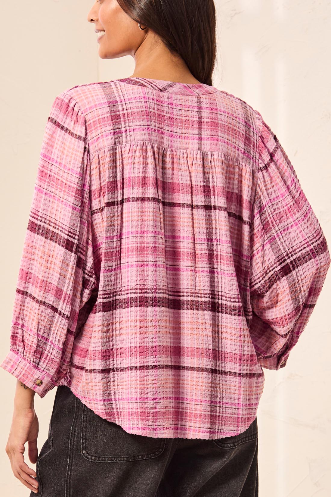 Tribal Wide Sleeve Plaid Blouse with Yoke Detail | Nostalgia - Juli's Wearable Art