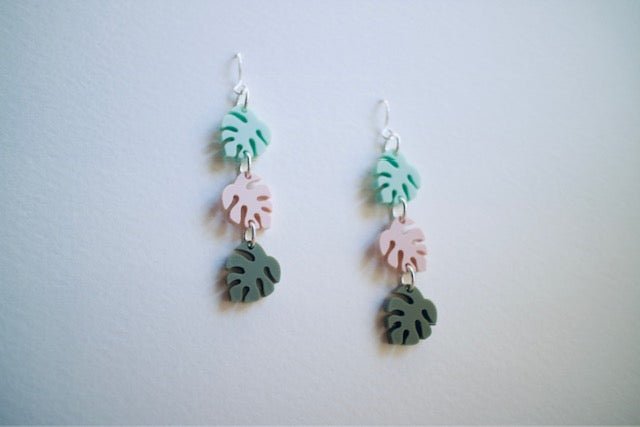 Triple Monstera Earrings | Mint, Sage & Pink