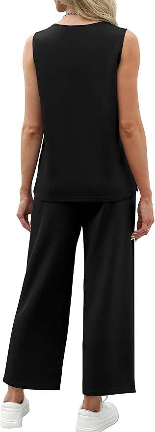Two - Piece V - Neck Vest & Long Pants Set – Black Casual Women’s Sportswear - Juli's Wearable Art