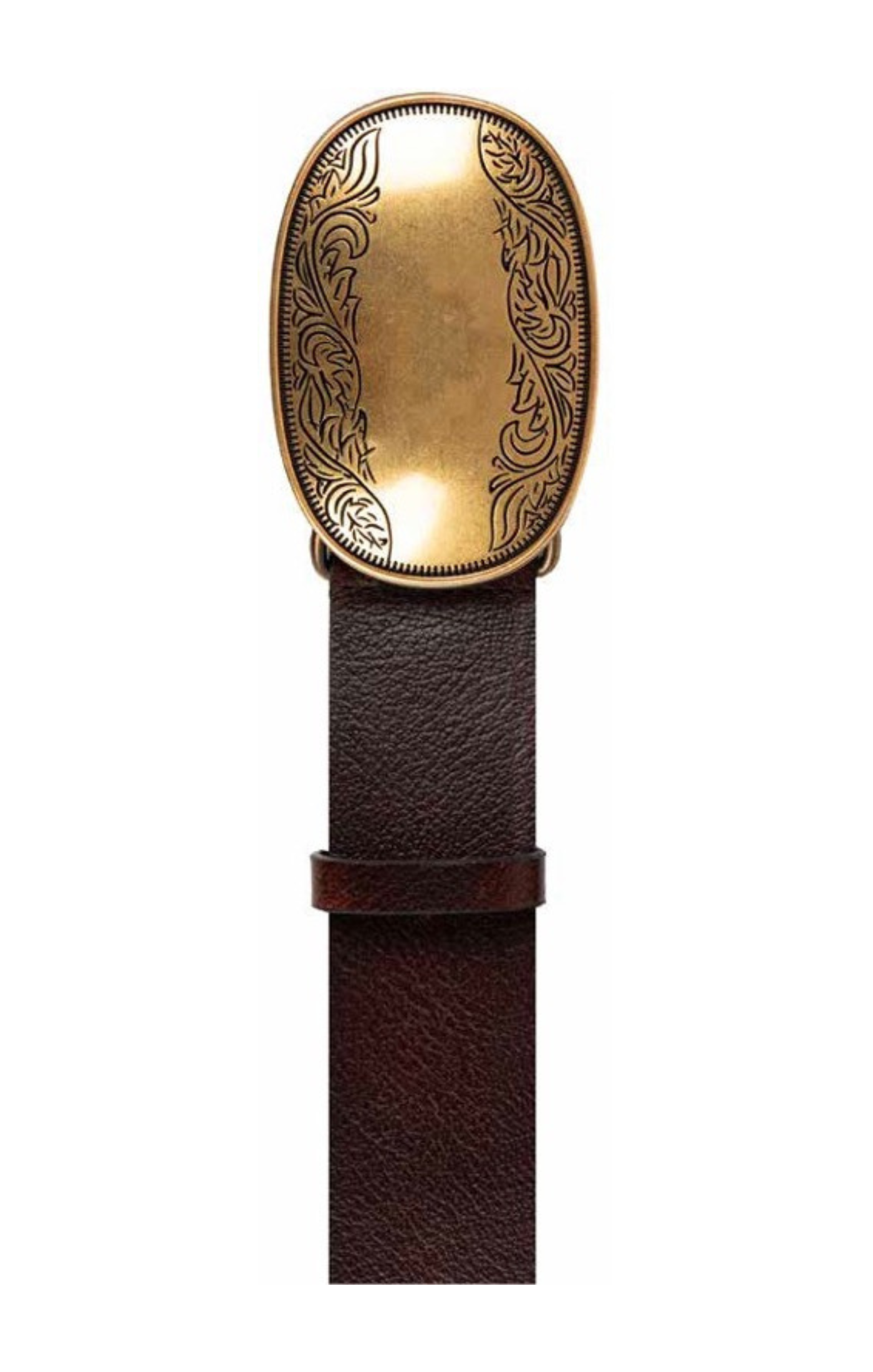 Tribal Smooth Leather Belt with Etched Gold-Tone Plaque | Brown
