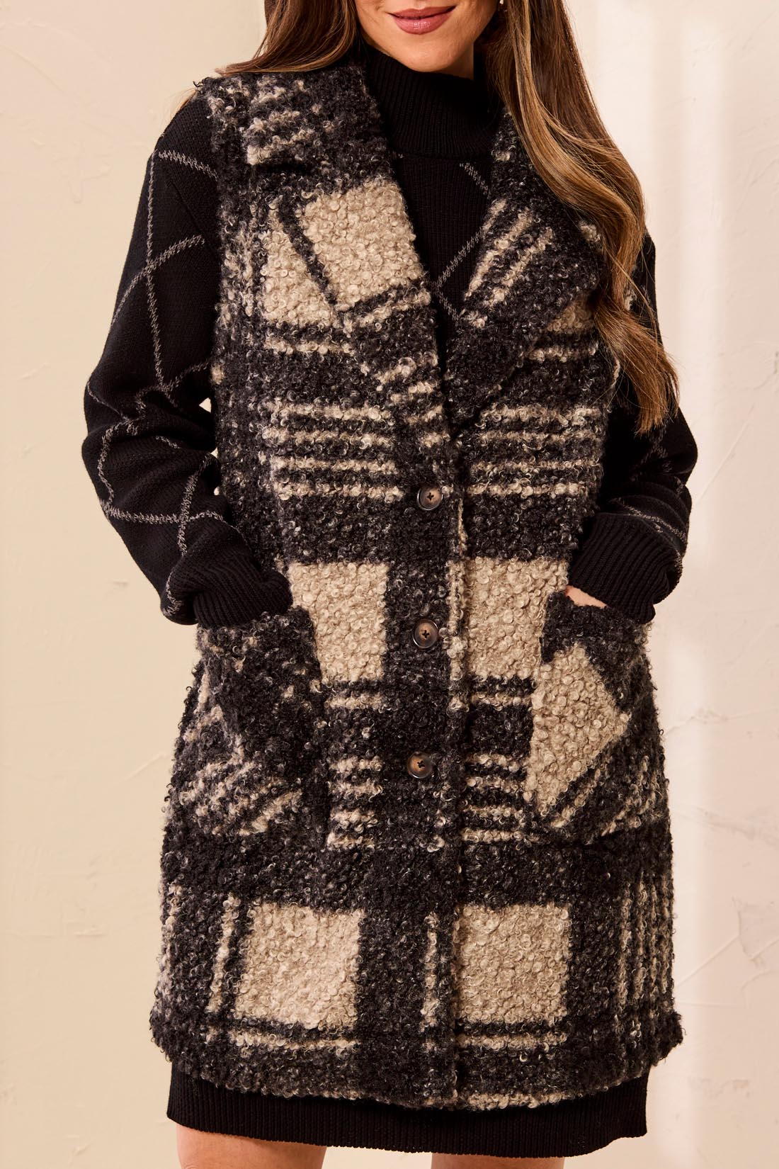 Tribal Button Front Plaid Bouclé Vest | Fossil