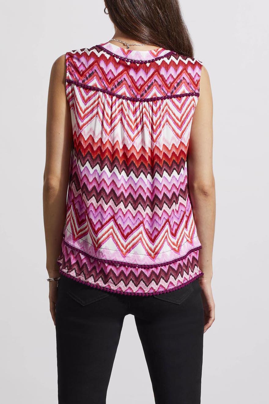 Tribal Sleeveless Blouse with Pom Pom Hem