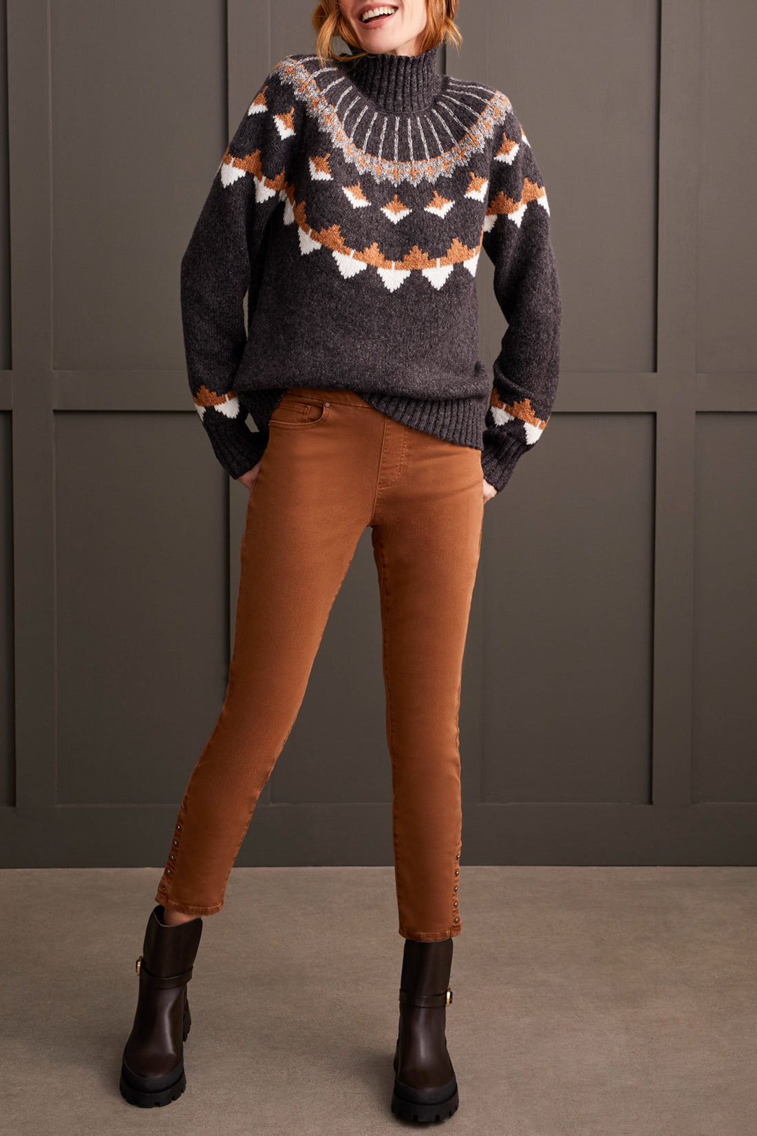 Tribal Mock Neck Intarsia Sweater - Walnut