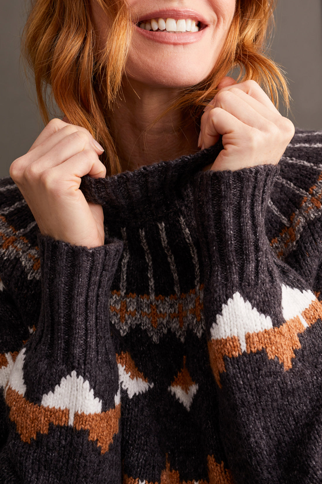 Tribal Mock Neck Intarsia Sweater - Walnut