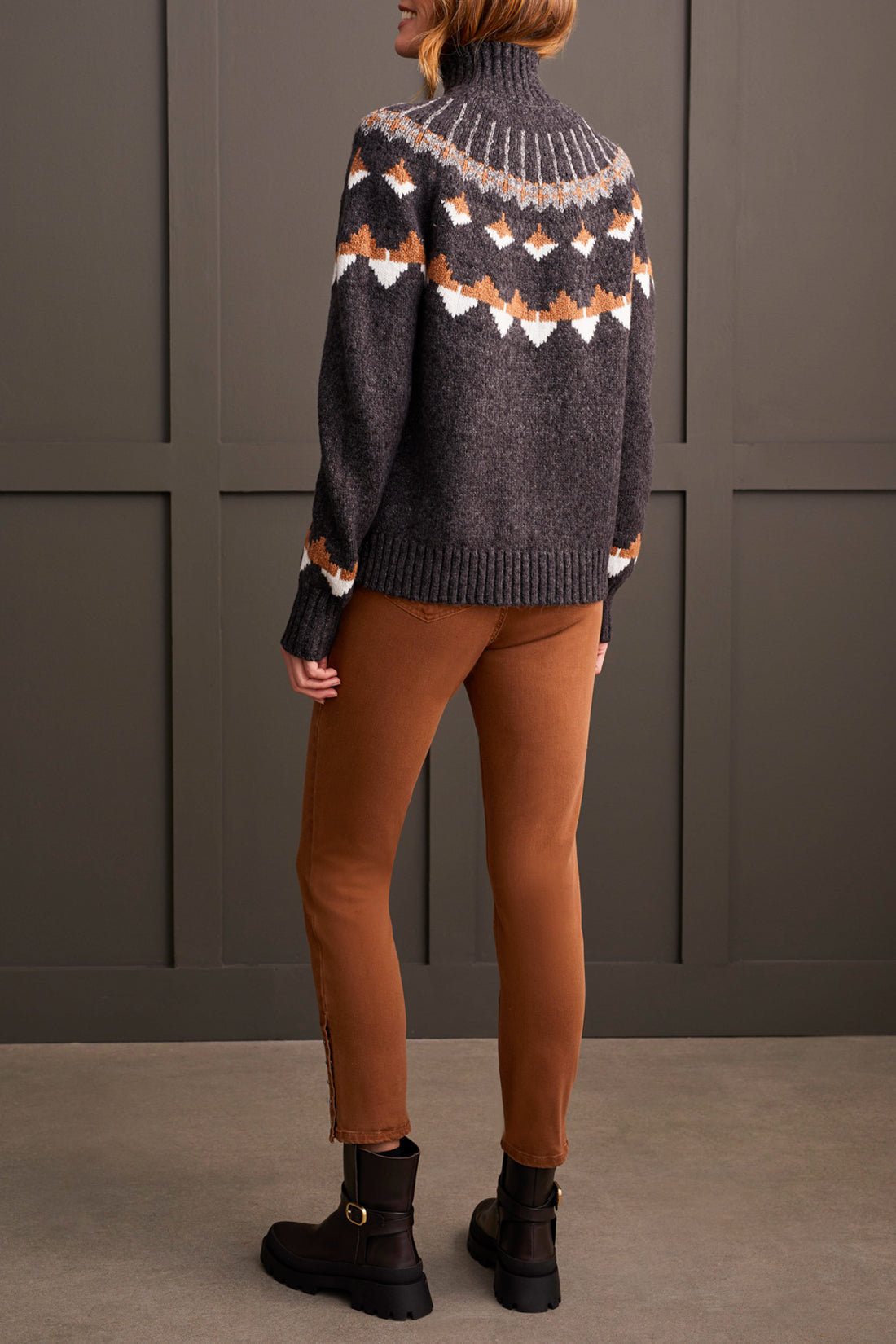 Tribal Mock Neck Intarsia Sweater - Walnut