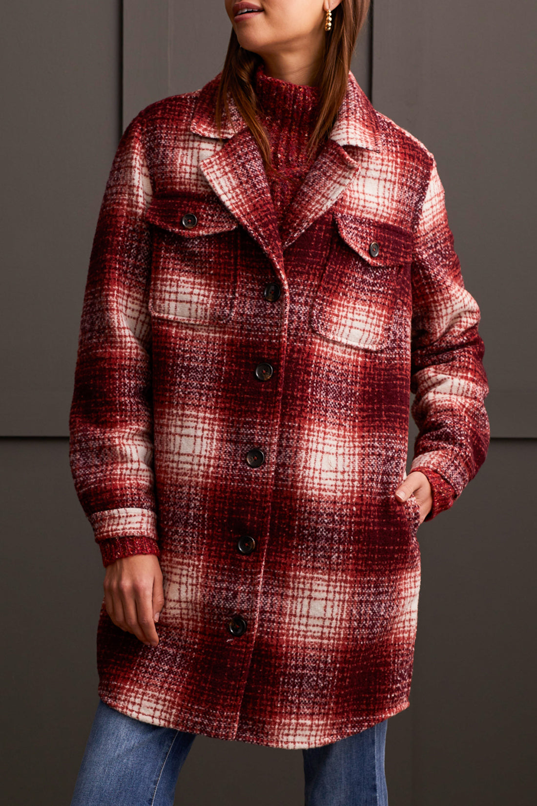 Tribal Jacket with Notch Collar - Port Wine Plaid