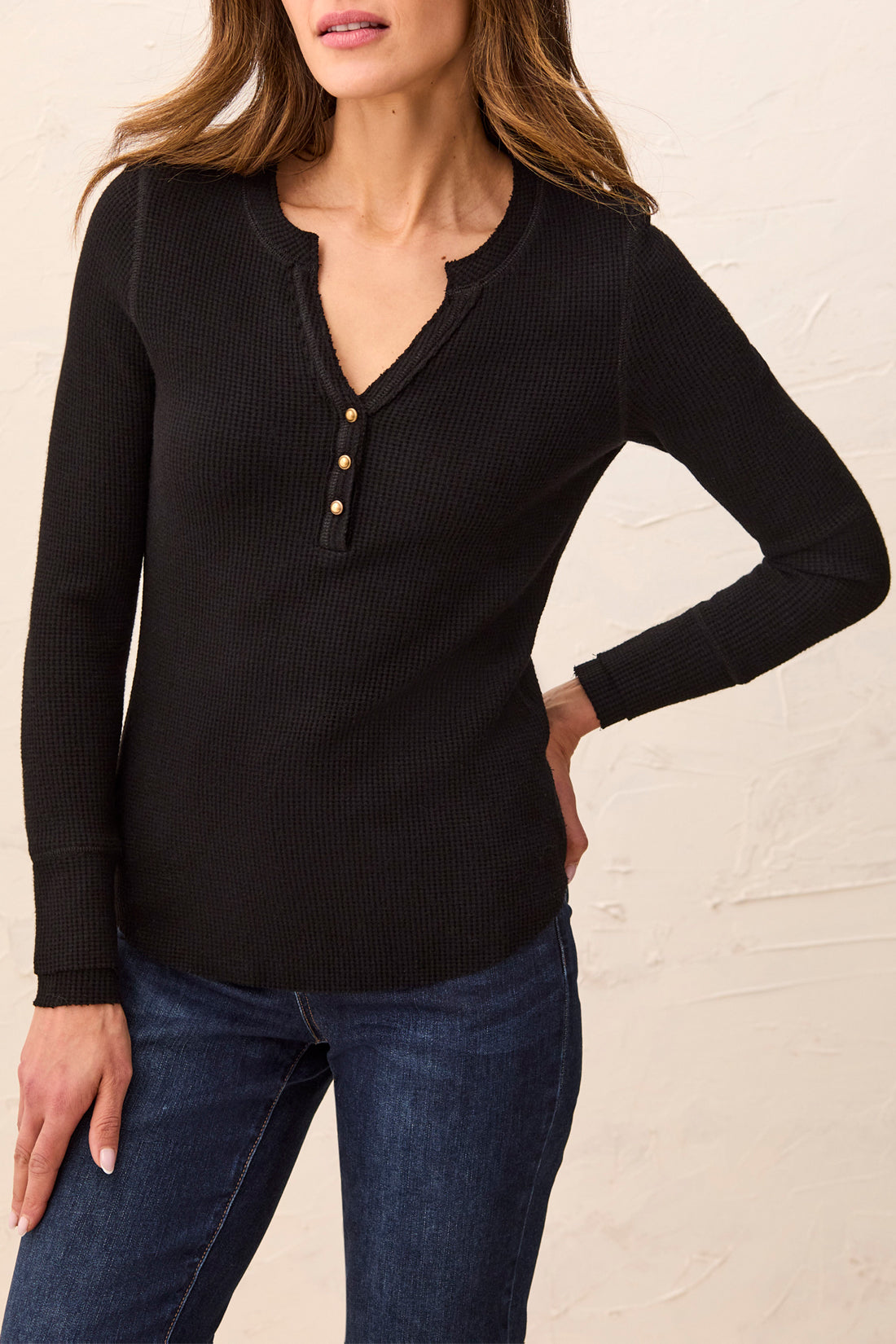 Tribal Brushed Waffle Knit Henley Long Sleeve Top | Black