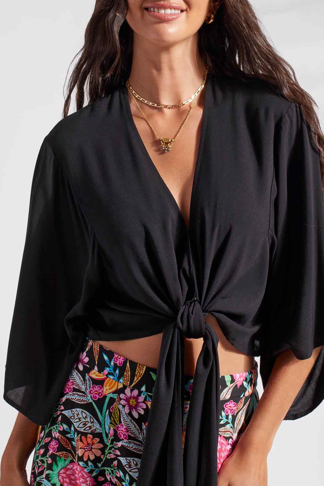 TRIBAL PRINTED KIMONO TOP WITH FRONT TIE